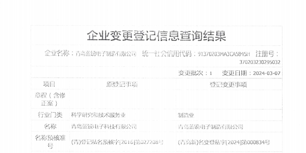 “青島红杏AV成人网站電子科技有限公司”正式變更為“青島红杏AV成人网站電子製造有限公司”